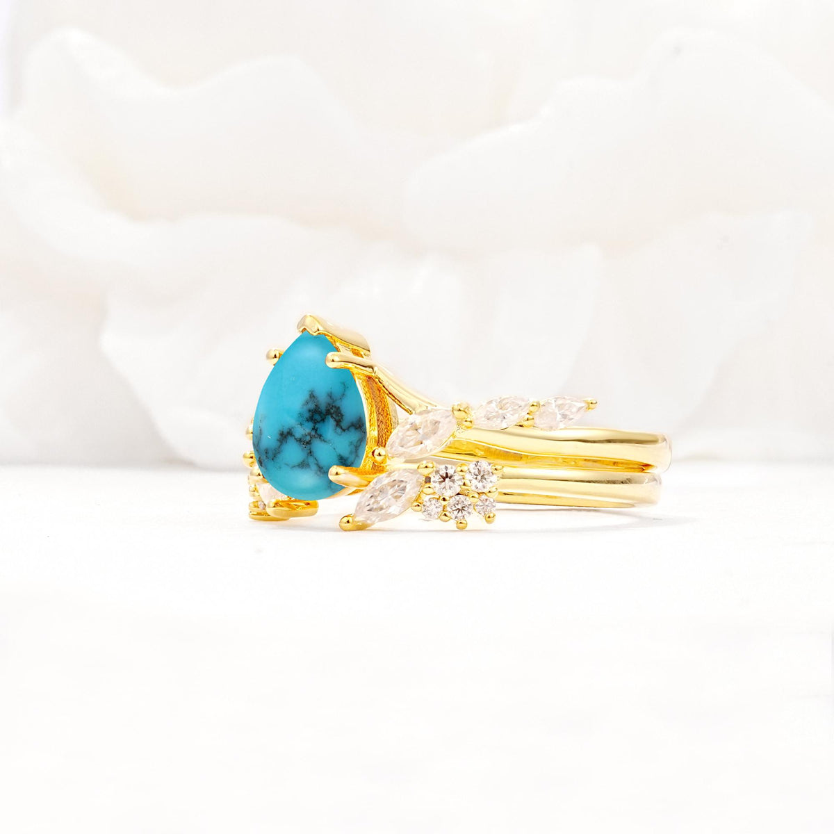 Nature-Inspired Pear Cut Turquoise Engagement Ring Set with Marquise Leaf - White-Gold
