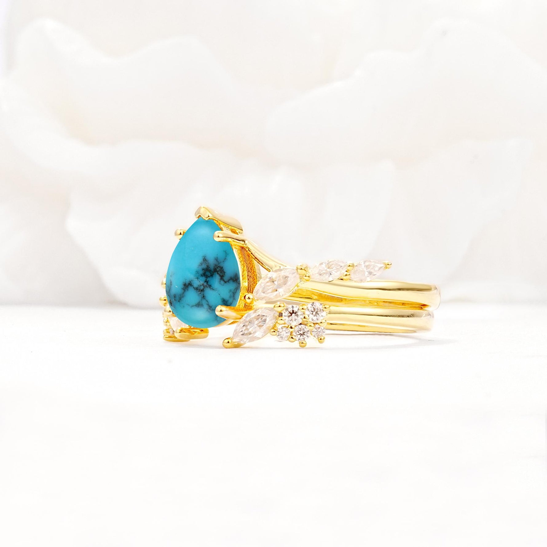 Nature-Inspired Pear Cut Turquoise Engagement Ring Set with Marquise Leaf - White-Gold