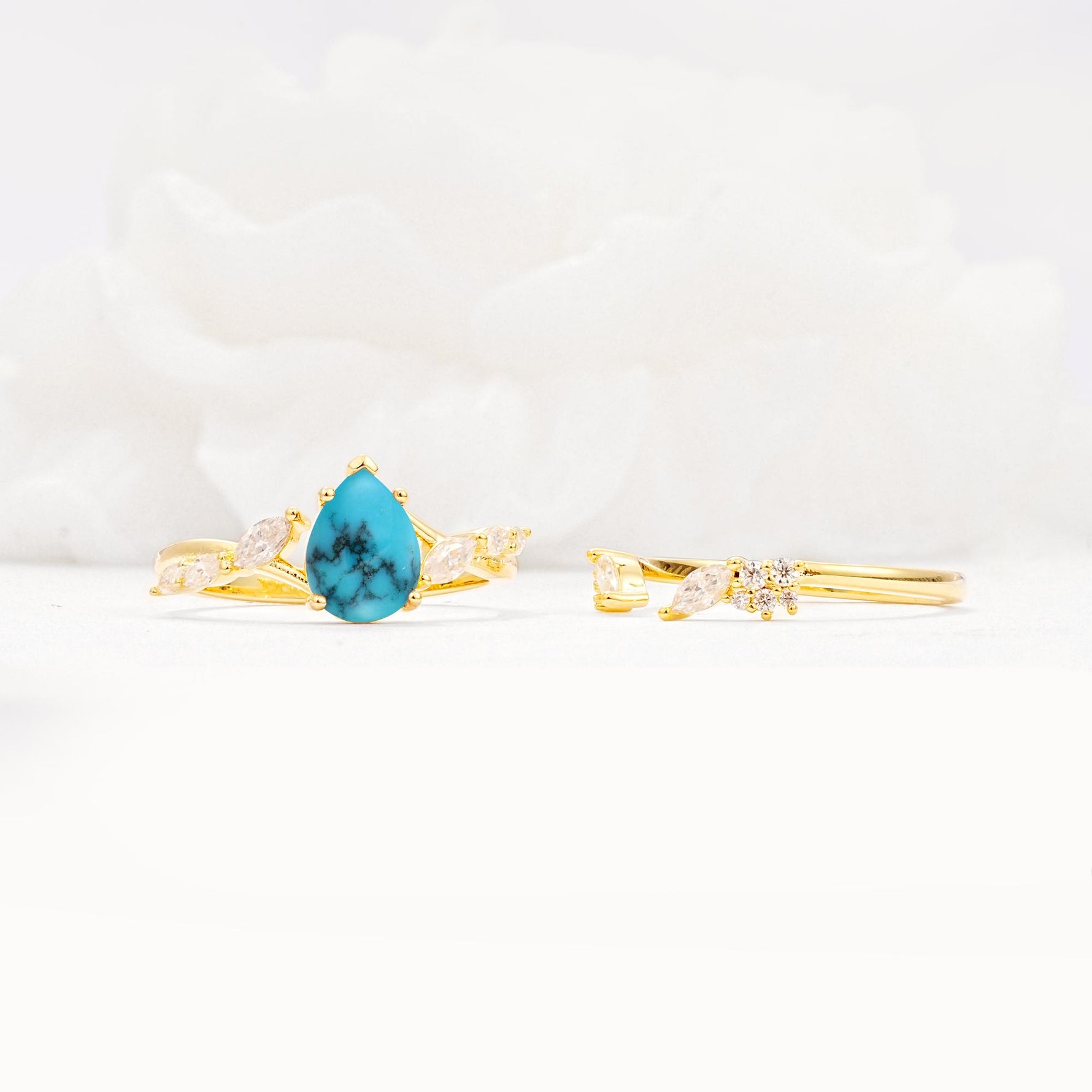 Nature-Inspired Pear Cut Turquoise Engagement Ring Set with Marquise Leaf - Additional view