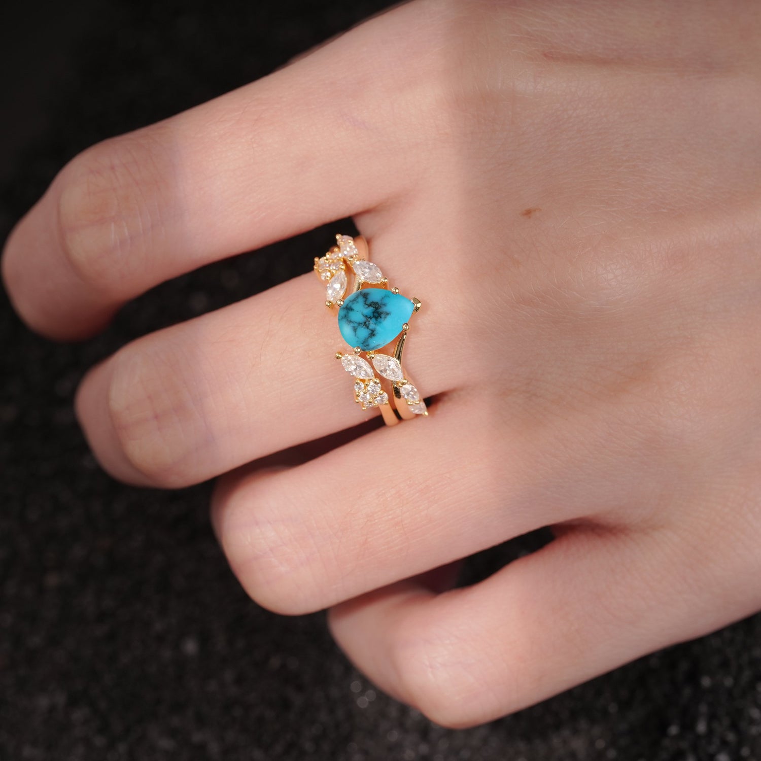 Nature-Inspired Pear Cut Turquoise Engagement Ring Set with Marquise Leaf