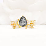 Nature-Inspired Pear Cut Black Rutilated Quartz Engagement Ring Set with Marquise Leaf - Yellow-Gold