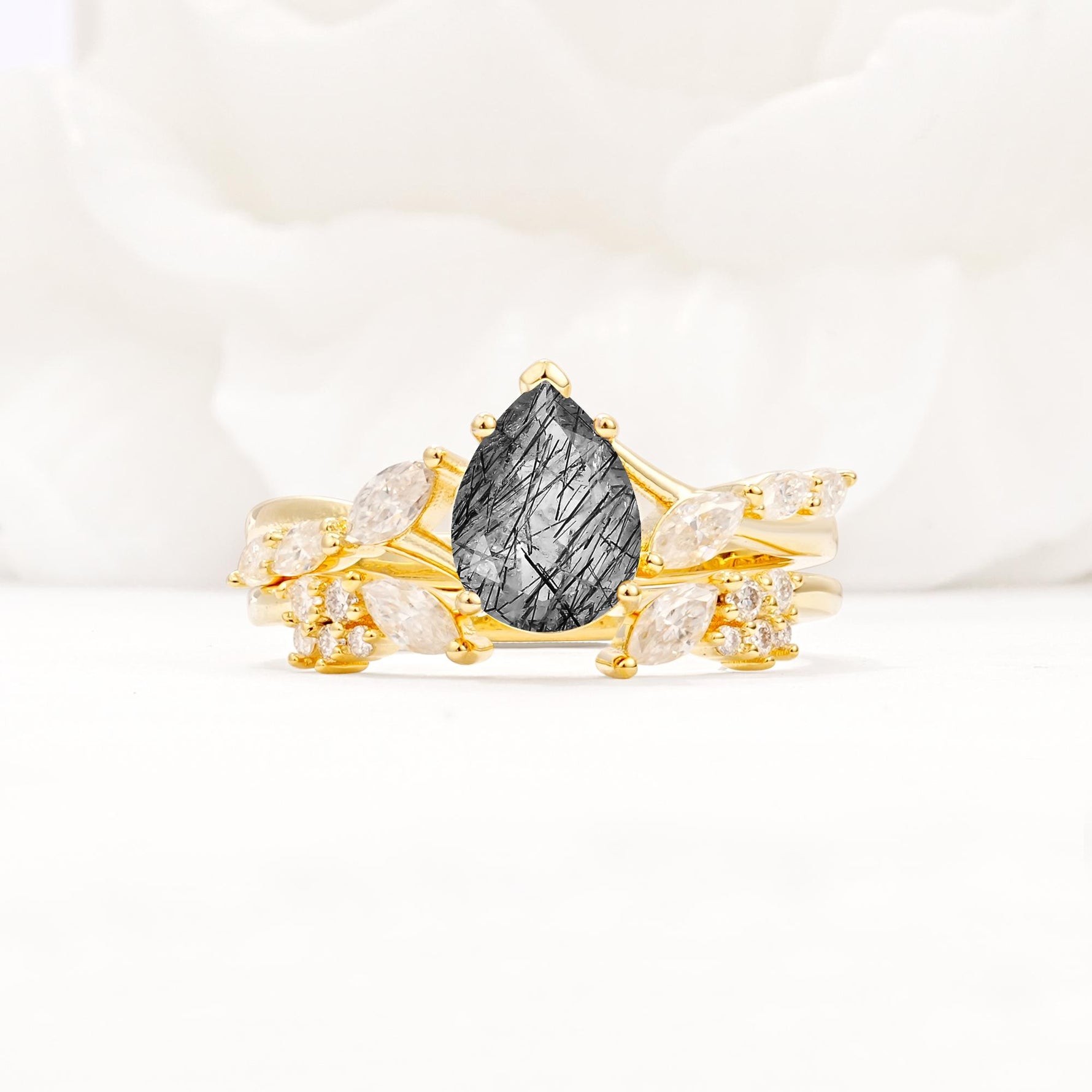Nature-Inspired Pear Cut Black Rutilated Quartz Engagement Ring Set with Marquise Leaf - Yellow-Gold