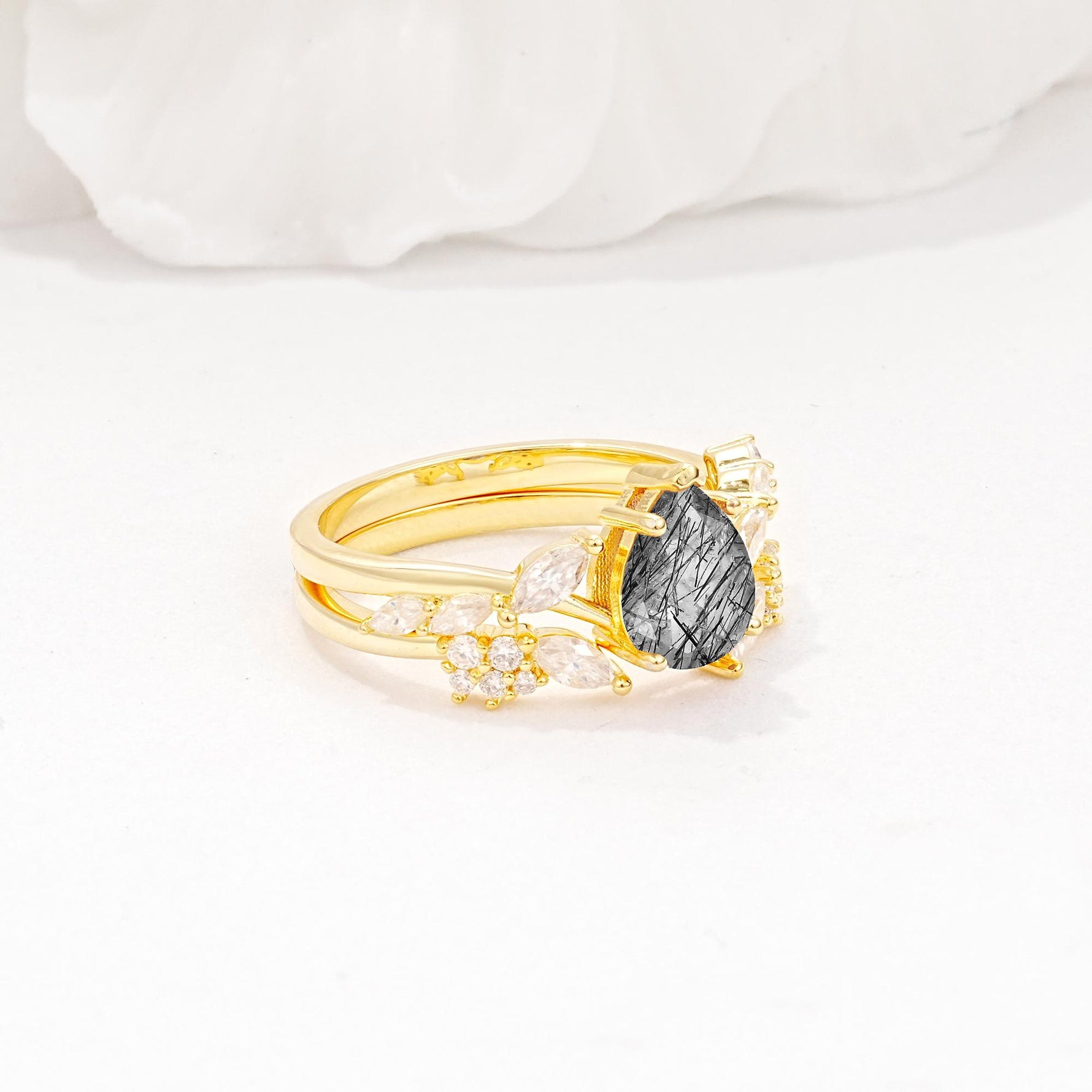 Nature-Inspired Pear Cut Black Rutilated Quartz Engagement Ring Set with Marquise Leaf - Rose-Gold