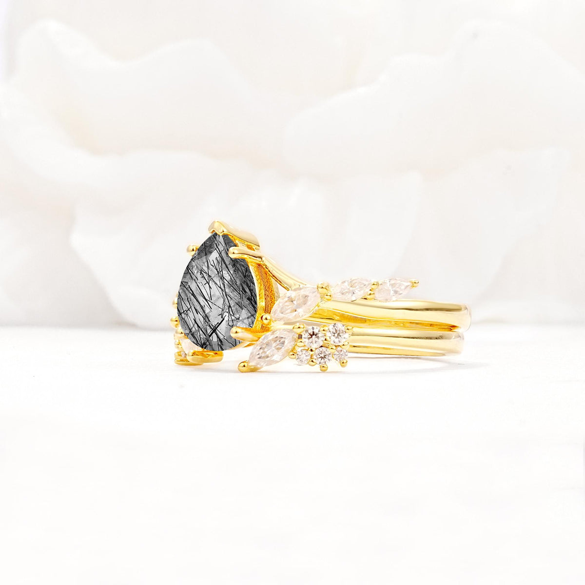 Nature-Inspired Pear Cut Black Rutilated Quartz Engagement Ring Set with Marquise Leaf - White-Gold
