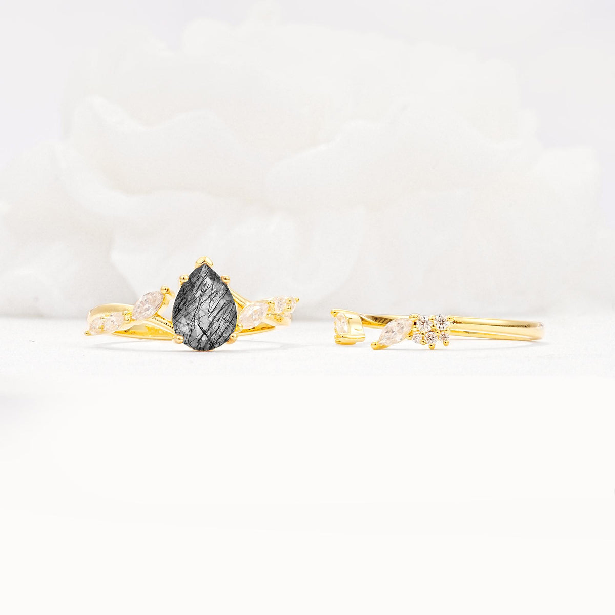 Nature-Inspired Pear Cut Black Rutilated Quartz Engagement Ring Set with Marquise Leaf - Additional view