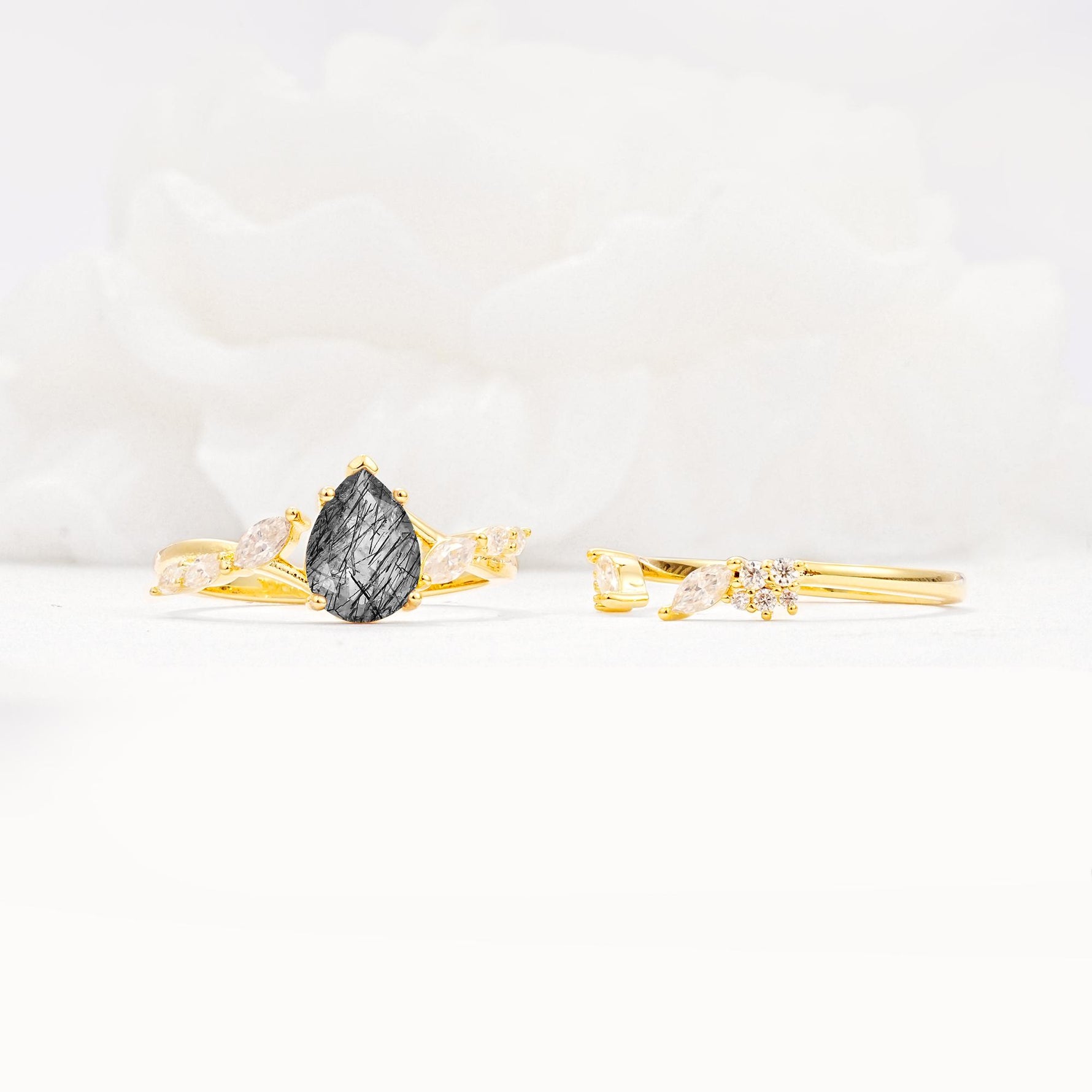 Nature-Inspired Pear Cut Black Rutilated Quartz Engagement Ring Set with Marquise Leaf - Additional view