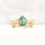 Nature-Inspired Pear Cut Moss Agate Engagement Ring Set with Marquise Leaf - Yellow-Gold