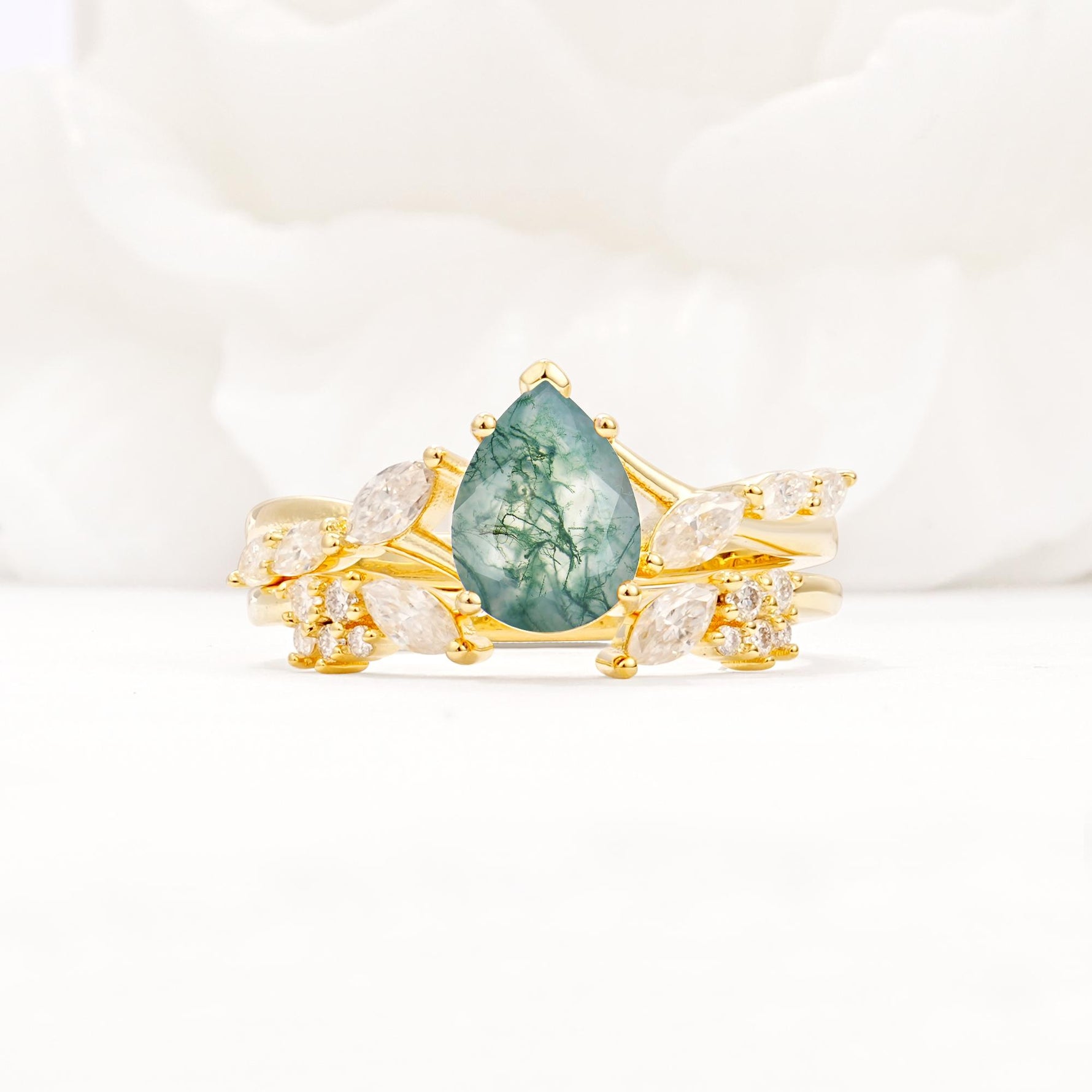Nature-Inspired Pear Cut Moss Agate Engagement Ring Set with Marquise Leaf - Yellow-Gold