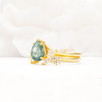 Nature-Inspired Pear Cut Moss Agate Engagement Ring Set with Marquise Leaf - White-Gold