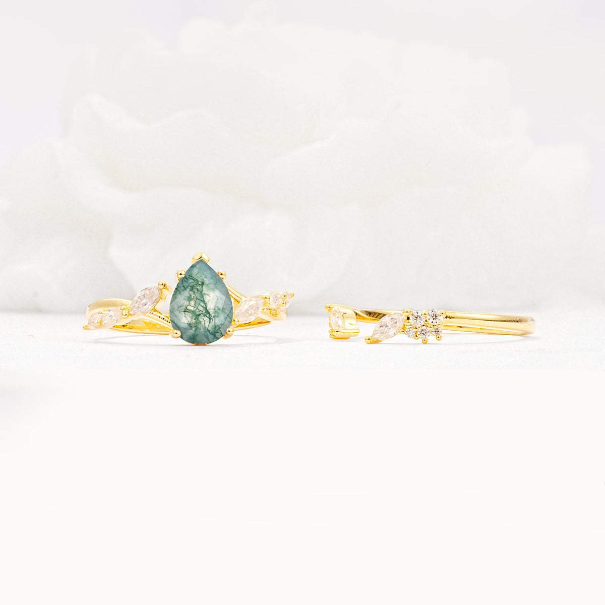 Nature-Inspired Pear Cut Moss Agate Engagement Ring Set with Marquise Leaf - Additional view