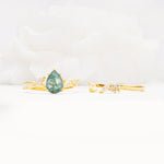 Nature-Inspired Pear Cut Moss Agate Engagement Ring Set with Marquise Leaf - Additional view