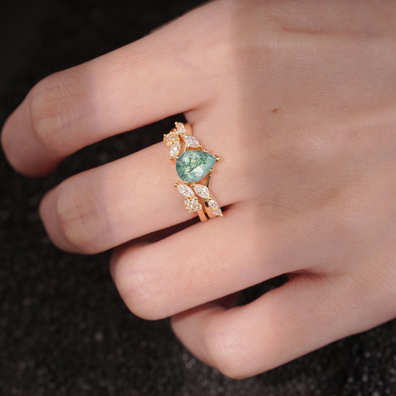 Nature-Inspired Pear Cut Moss Agate Engagement Ring Set with Marquise Leaf