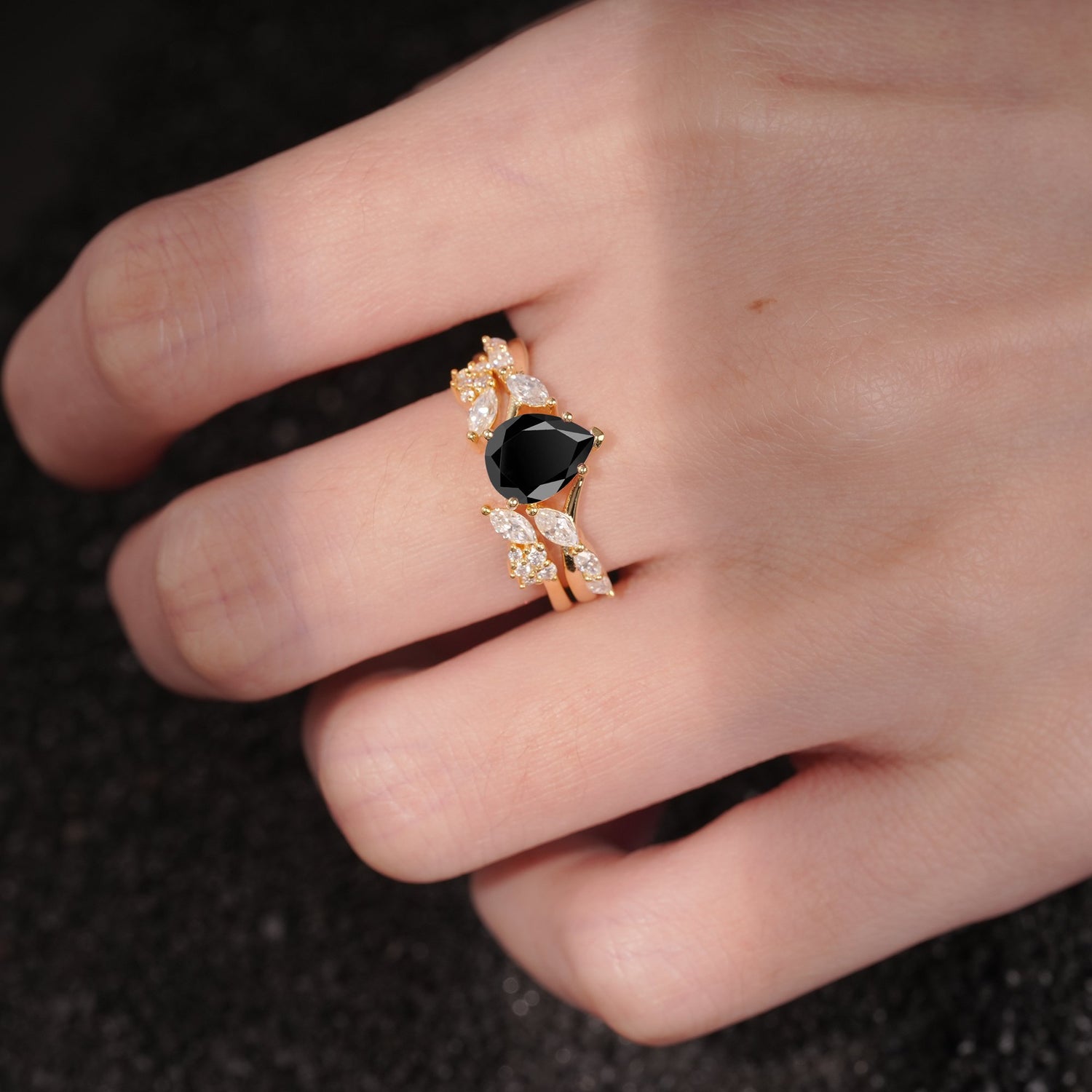 Nature-Inspired Pear Cut Black Onyx Engagement Ring Set with Marquise Leaf