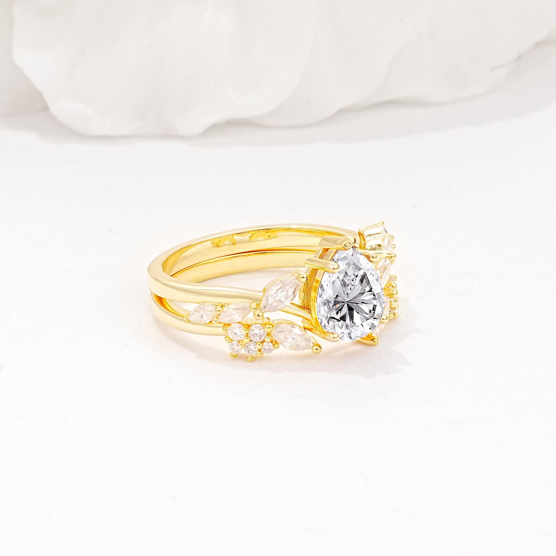 Nature-Inspired Pear Cut Lab Diamond Engagement Ring Set with Marquise Leaf - Rose-Gold