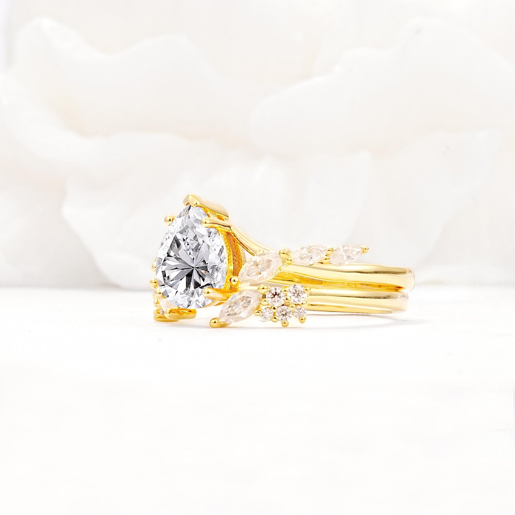 Nature-Inspired Pear Cut Lab Diamond Engagement Ring Set with Marquise Leaf - White-Gold