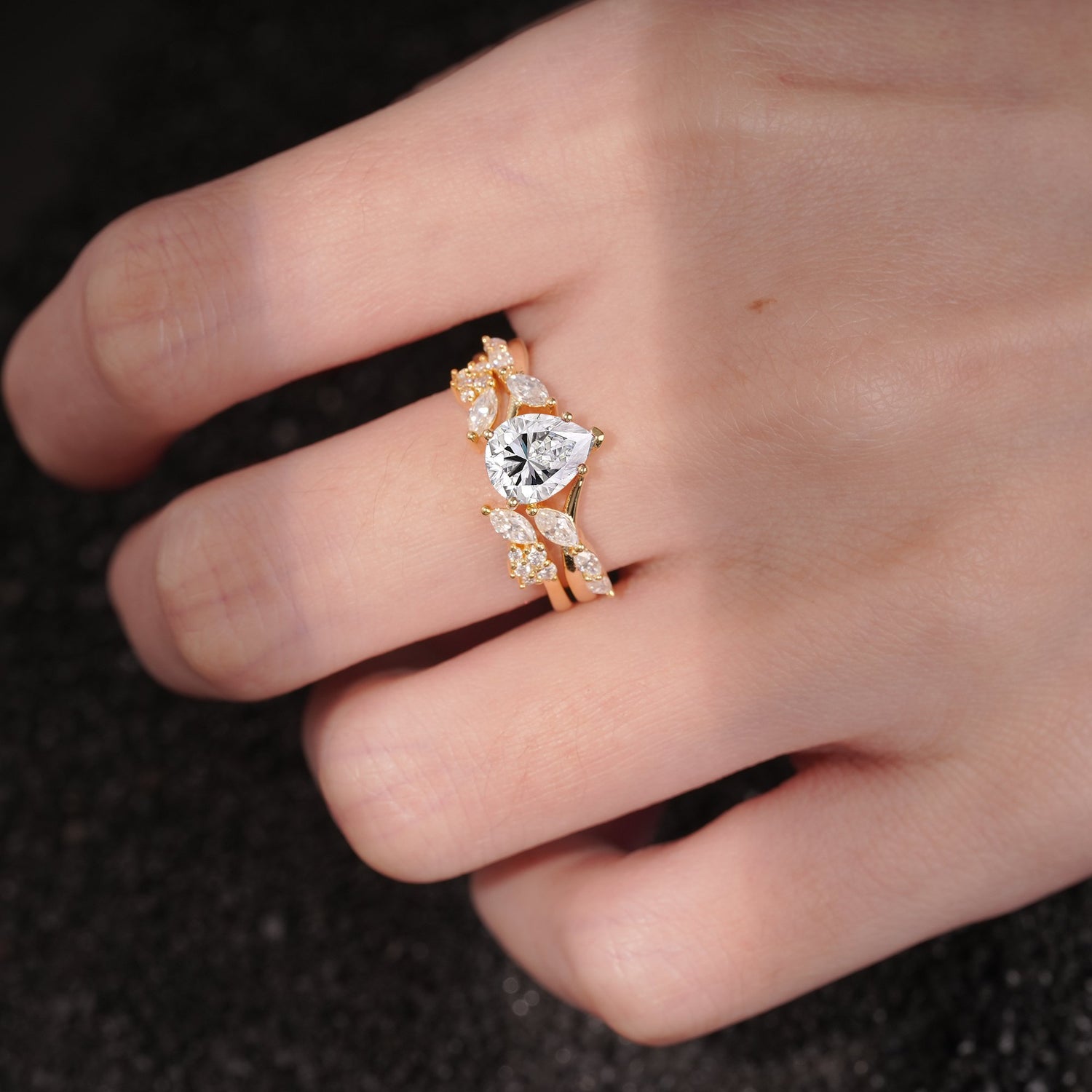 Nature-Inspired Pear Cut Lab Diamond Engagement Ring Set with Marquise Leaf