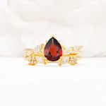 Nature-Inspired Pear Cut Garnet Engagement Ring Set with Marquise Leaf - Yellow-Gold