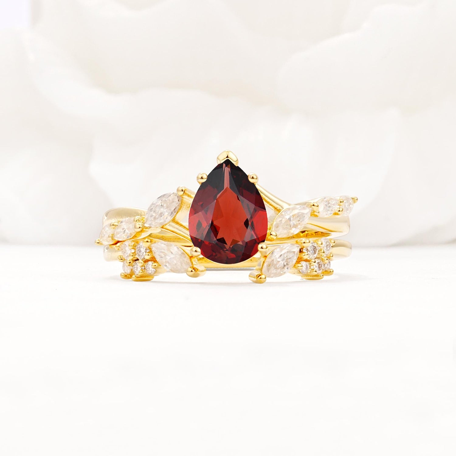 Nature-Inspired Pear Cut Garnet Engagement Ring Set with Marquise Leaf - Yellow-Gold