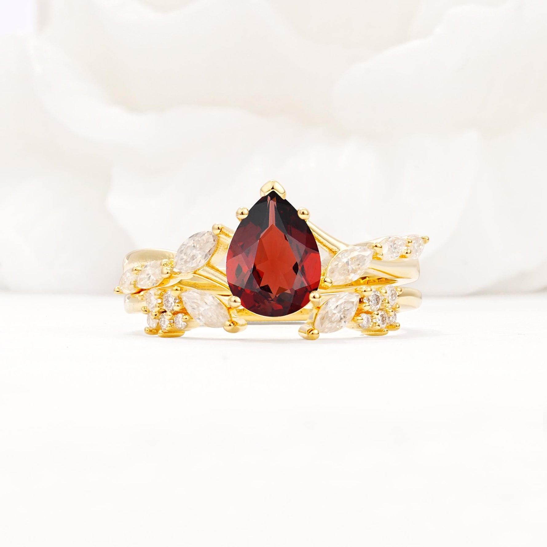 Nature-Inspired Pear Cut Garnet Engagement Ring Set with Marquise Leaf - Yellow-Gold