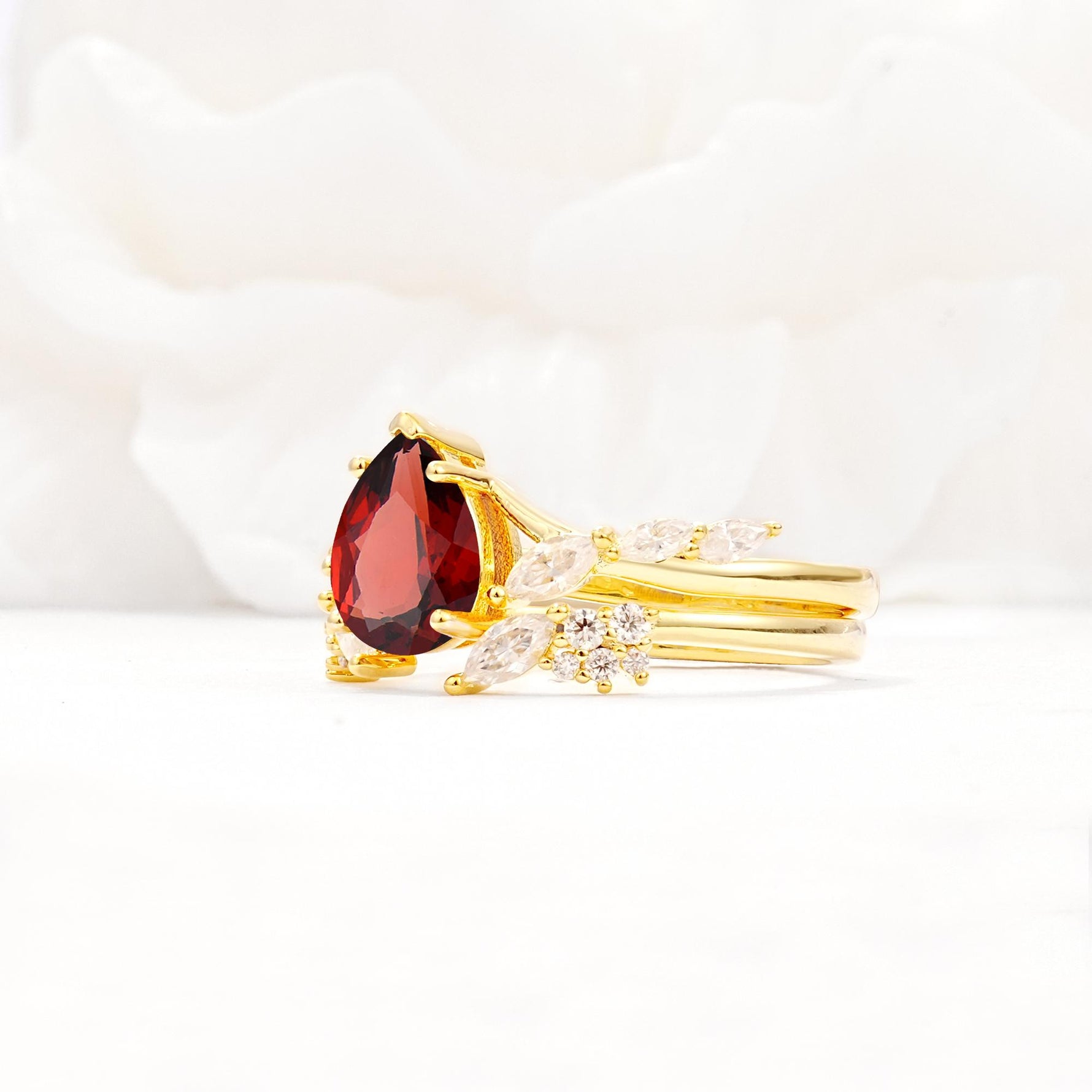 Nature-Inspired Pear Cut Garnet Engagement Ring Set with Marquise Leaf - White-Gold
