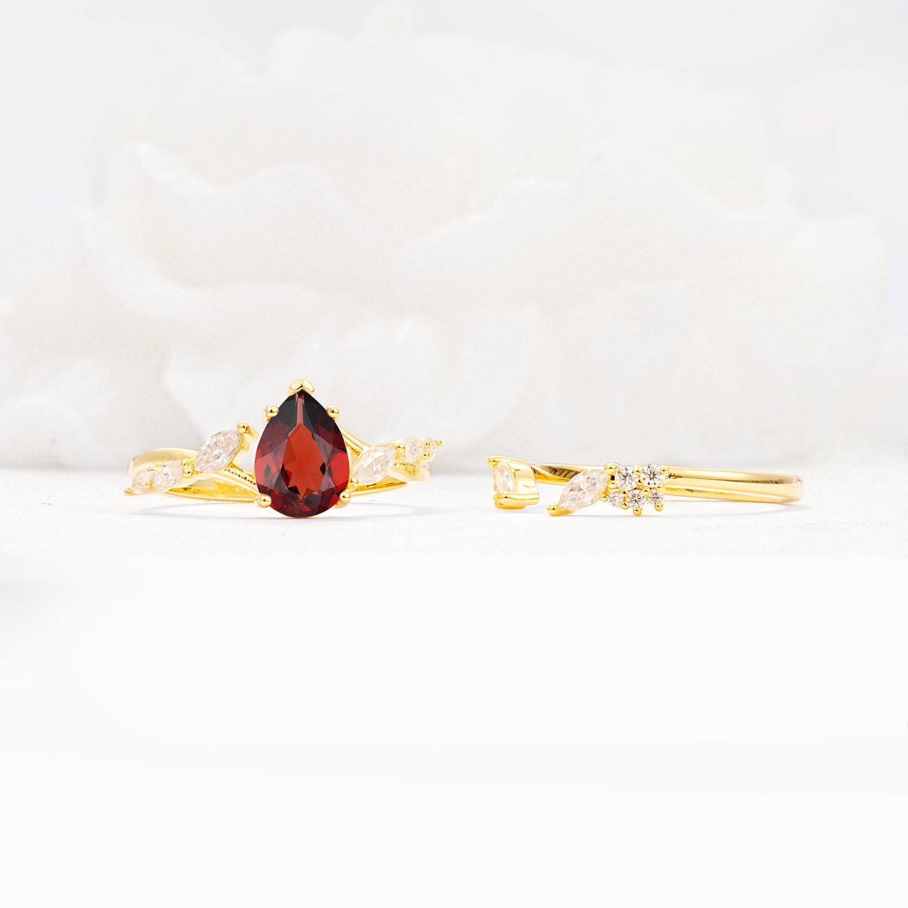 Nature-Inspired Pear Cut Garnet Engagement Ring Set with Marquise Leaf - Additional view