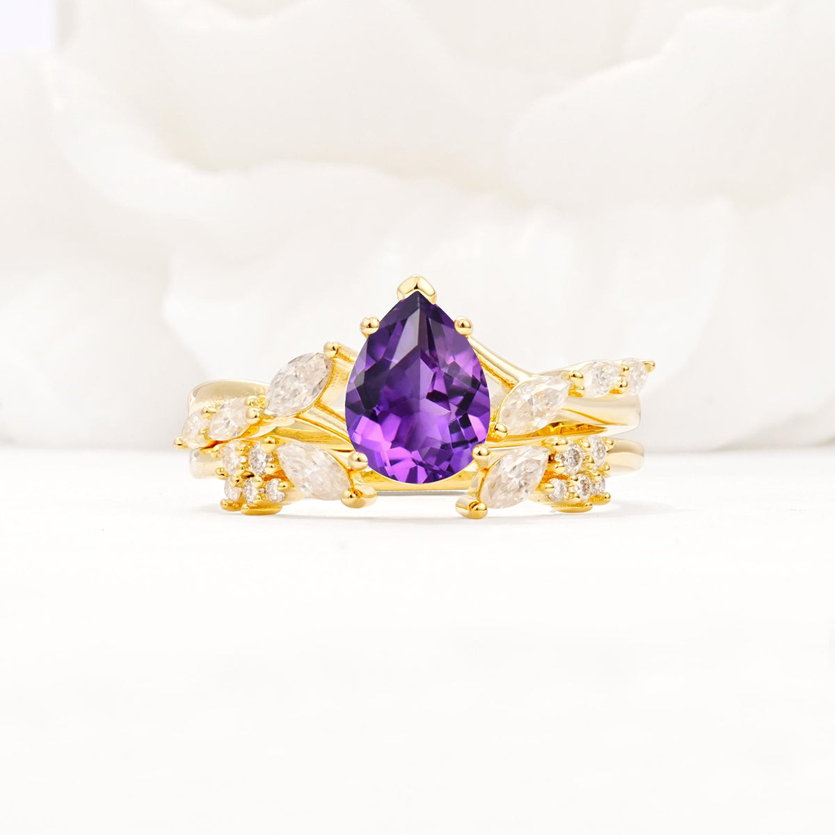 Nature-Inspired Pear Cut Amethyst Engagement Ring Set with Marquise Leaf - Yellow-Gold