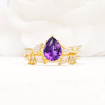 Nature-Inspired Pear Cut Amethyst Engagement Ring Set with Marquise Leaf - Yellow-Gold