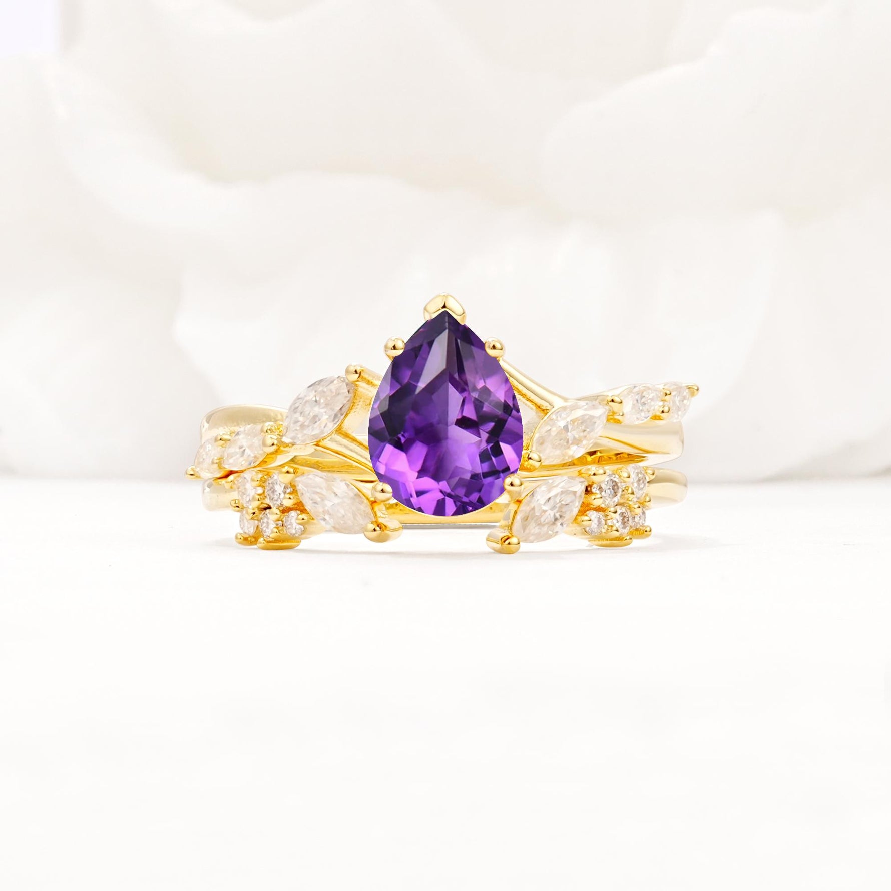 Nature-Inspired Pear Cut Amethyst Engagement Ring Set with Marquise Leaf - Yellow-Gold