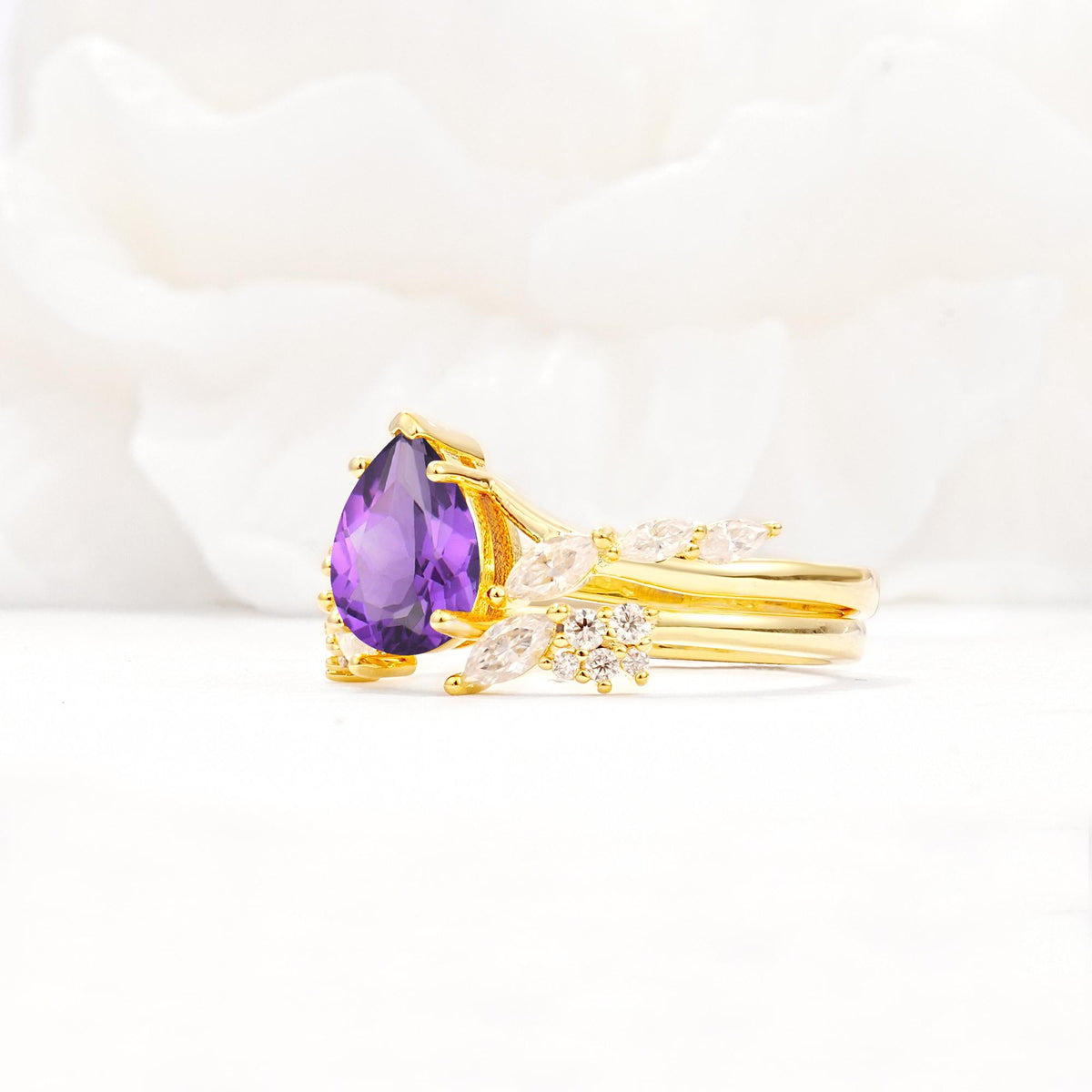 Nature-Inspired Pear Cut Amethyst Engagement Ring Set with Marquise Leaf - White-Gold
