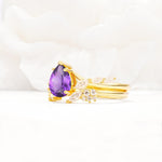 Nature-Inspired Pear Cut Amethyst Engagement Ring Set with Marquise Leaf - White-Gold