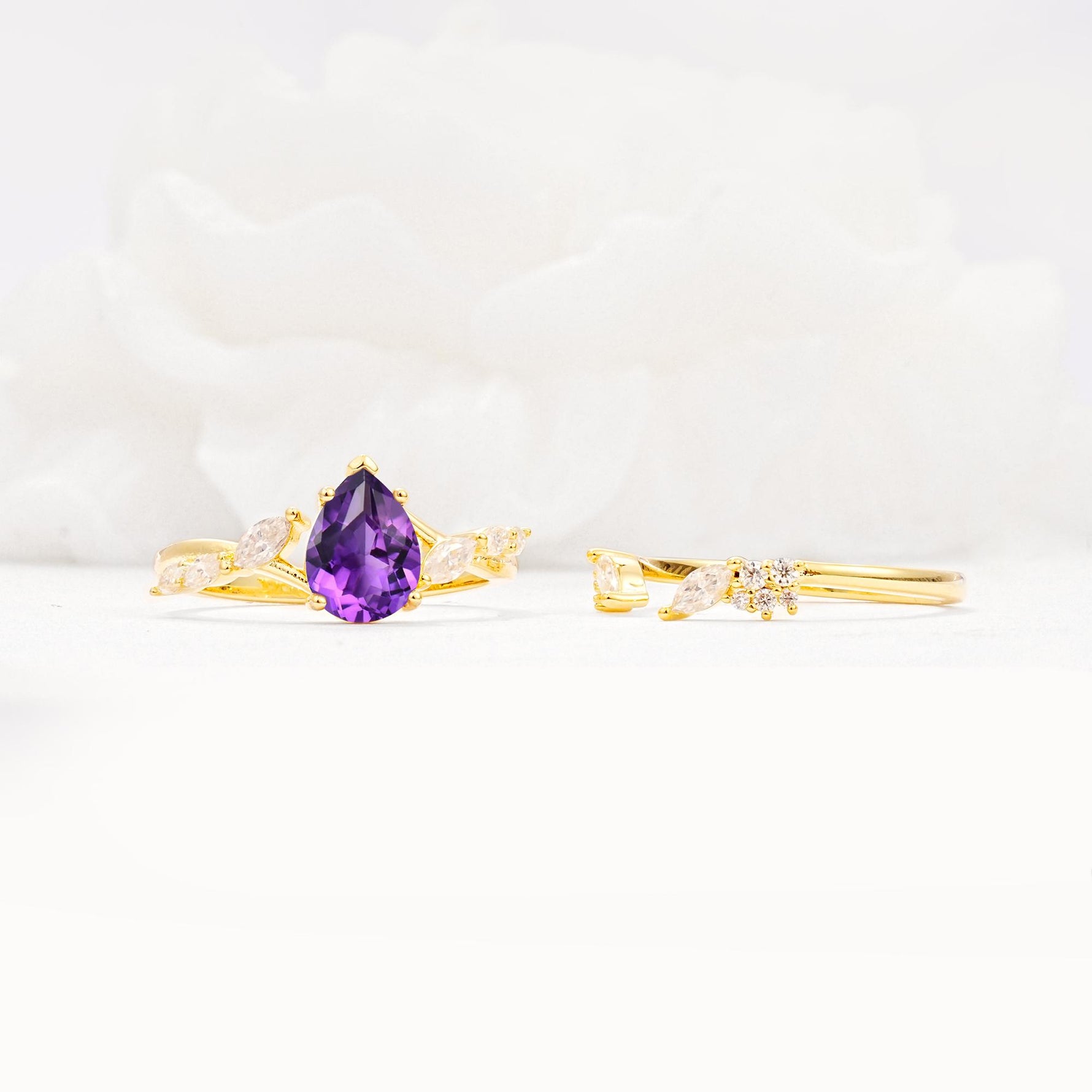 Nature-Inspired Pear Cut Amethyst Engagement Ring Set with Marquise Leaf - Additional view
