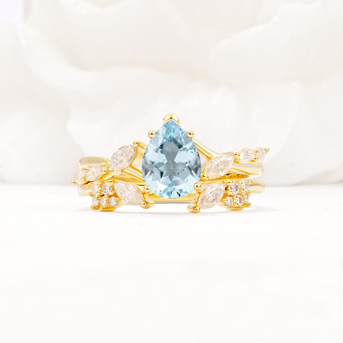 Nature-Inspired Pear Cut Aquamarine Engagement Ring Set with Marquise Leaf - Yellow-Gold