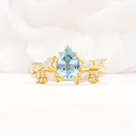 Nature-Inspired Pear Cut Aquamarine Engagement Ring Set with Marquise Leaf - Yellow-Gold