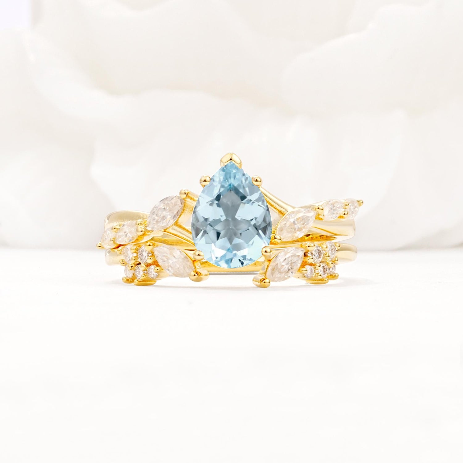 Nature-Inspired Pear Cut Aquamarine Engagement Ring Set with Marquise Leaf - Yellow-Gold