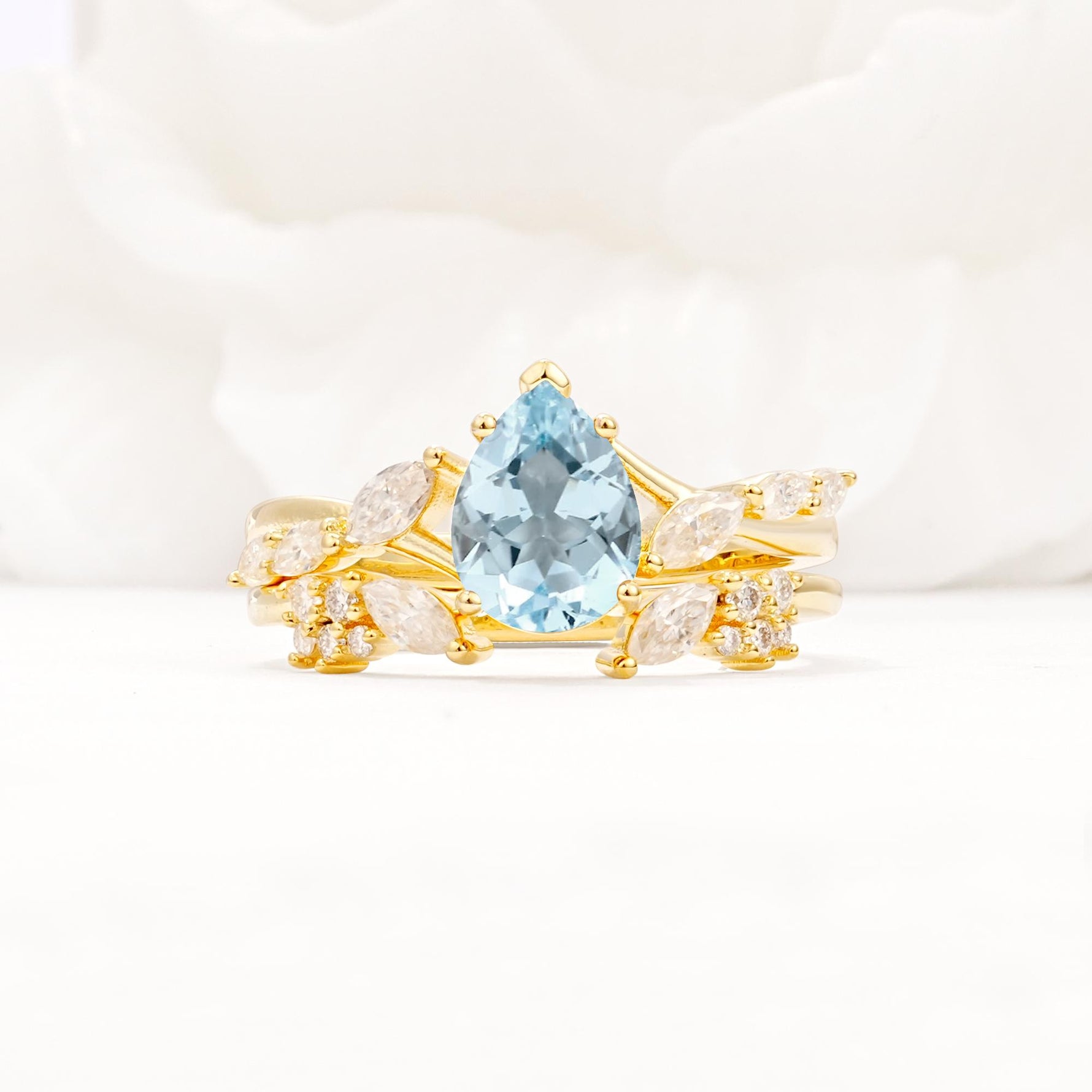 Nature-Inspired Pear Cut Aquamarine Engagement Ring Set with Marquise Leaf - Yellow-Gold