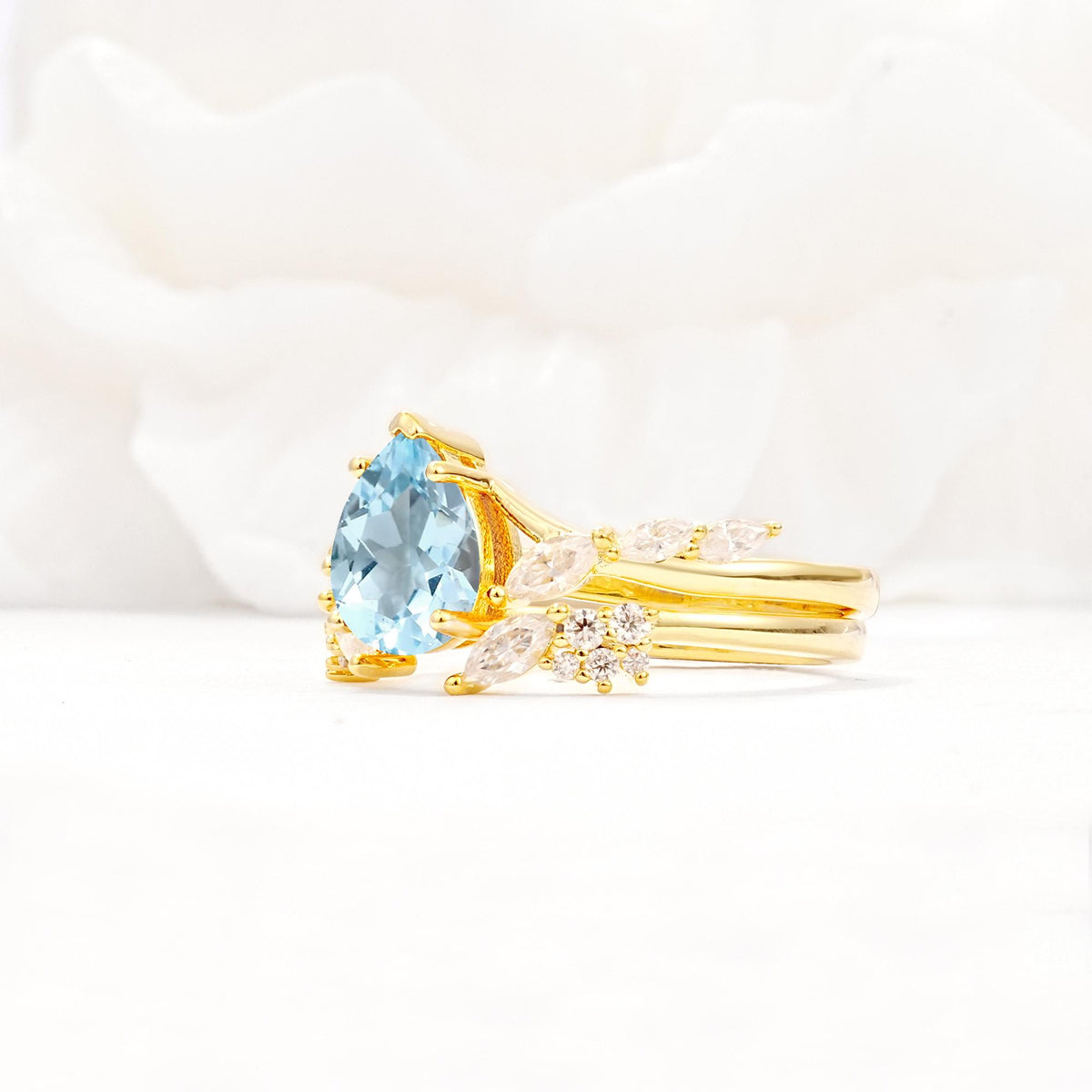 Nature-Inspired Pear Cut Aquamarine Engagement Ring Set with Marquise Leaf - White-Gold