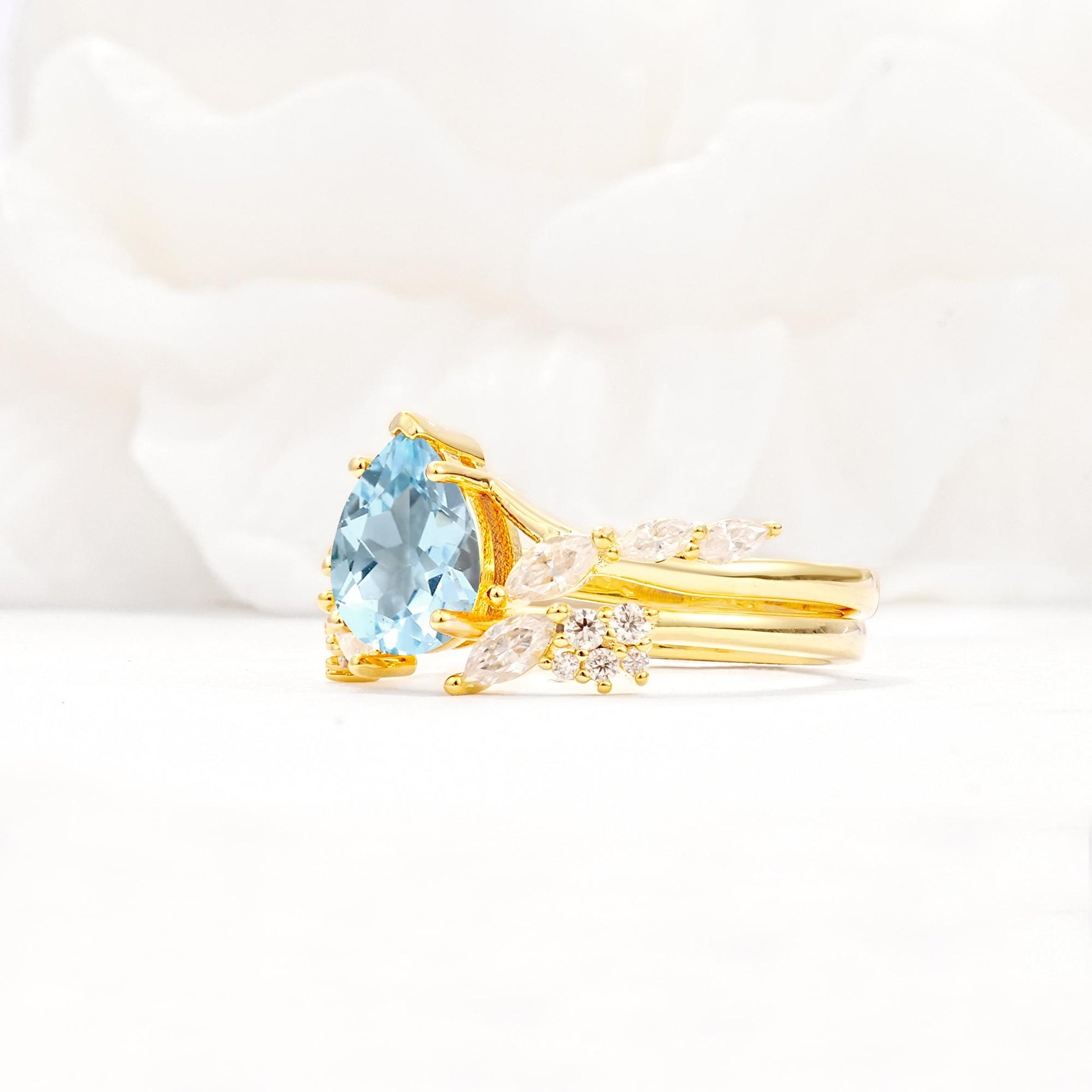 Nature-Inspired Pear Cut Aquamarine Engagement Ring Set with Marquise Leaf - White-Gold