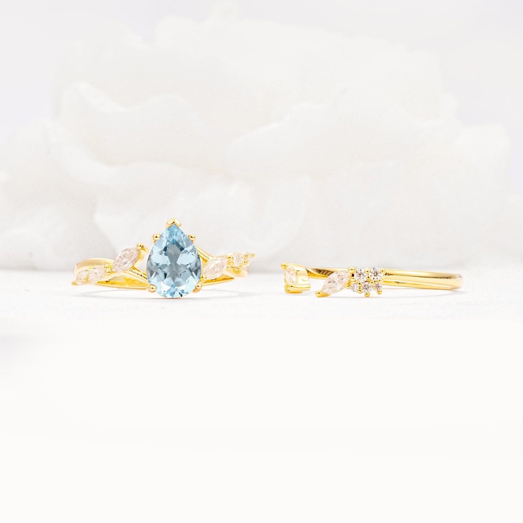 Nature-Inspired Pear Cut Aquamarine Engagement Ring Set with Marquise Leaf - Additional view