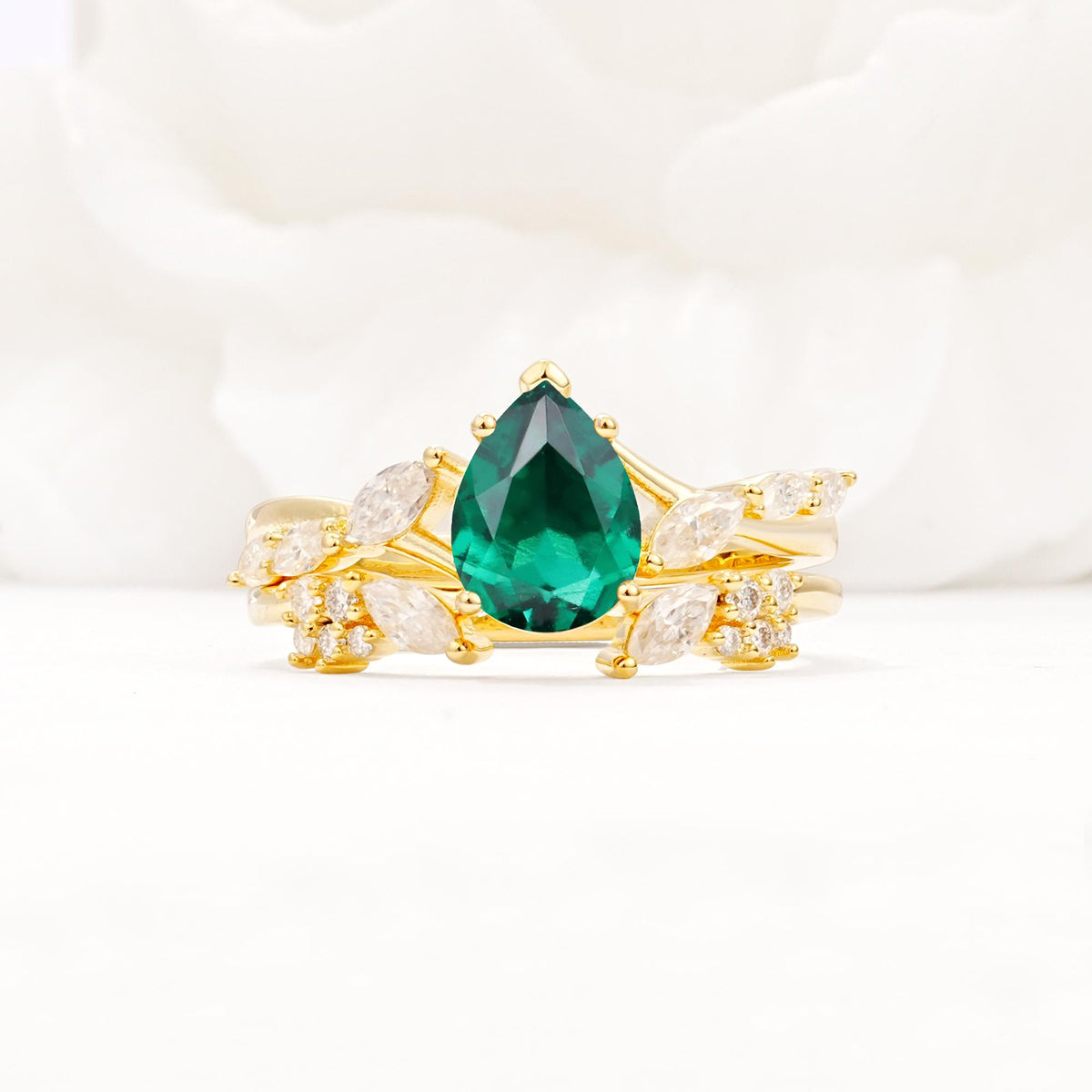 Nature-Inspired Pear Cut Emerald Engagement Ring Set with Marquise Leaf - Yellow-Gold