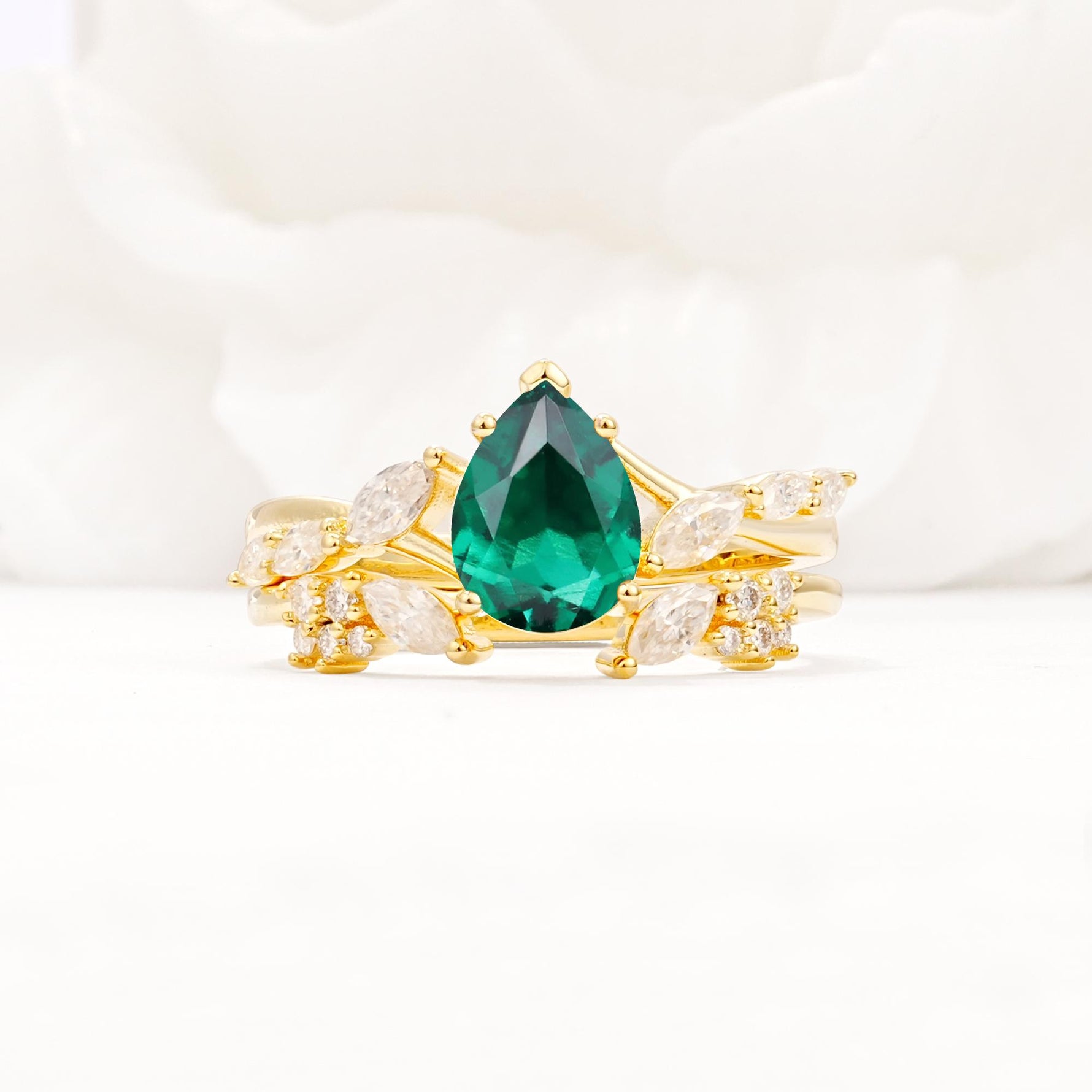 Nature-Inspired Pear Cut Emerald Engagement Ring Set with Marquise Leaf - Yellow-Gold