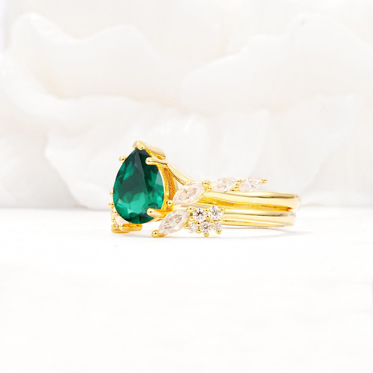 Nature-Inspired Pear Cut Emerald Engagement Ring Set with Marquise Leaf - White-Gold