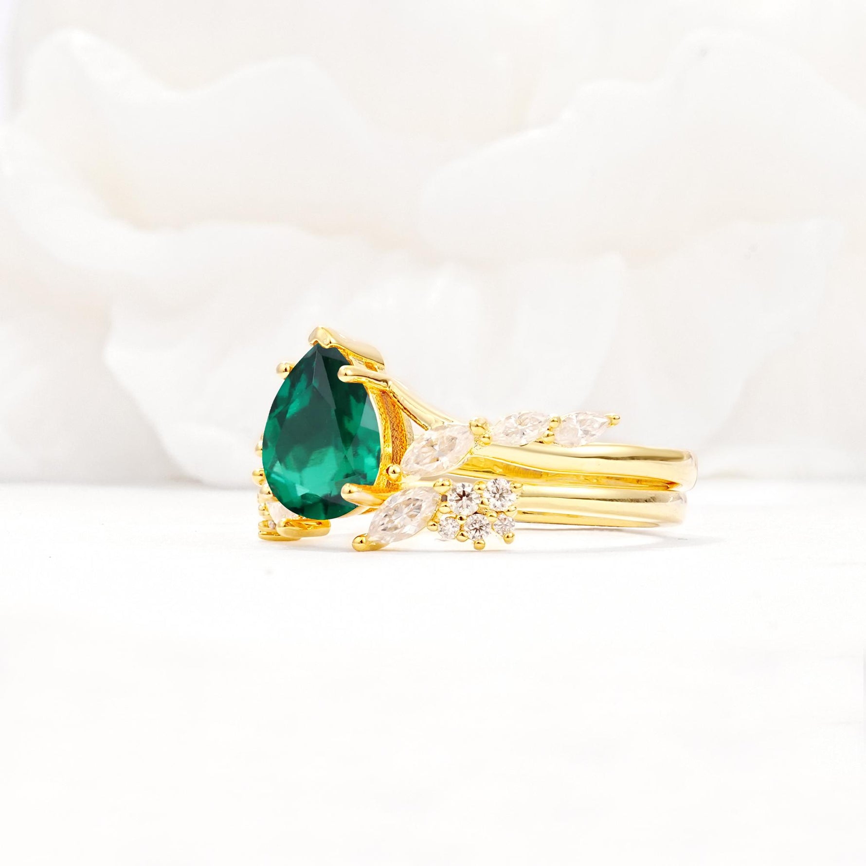 Nature-Inspired Pear Cut Emerald Engagement Ring Set with Marquise Leaf - White-Gold