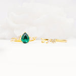 Nature-Inspired Pear Cut Emerald Engagement Ring Set with Marquise Leaf - Additional view