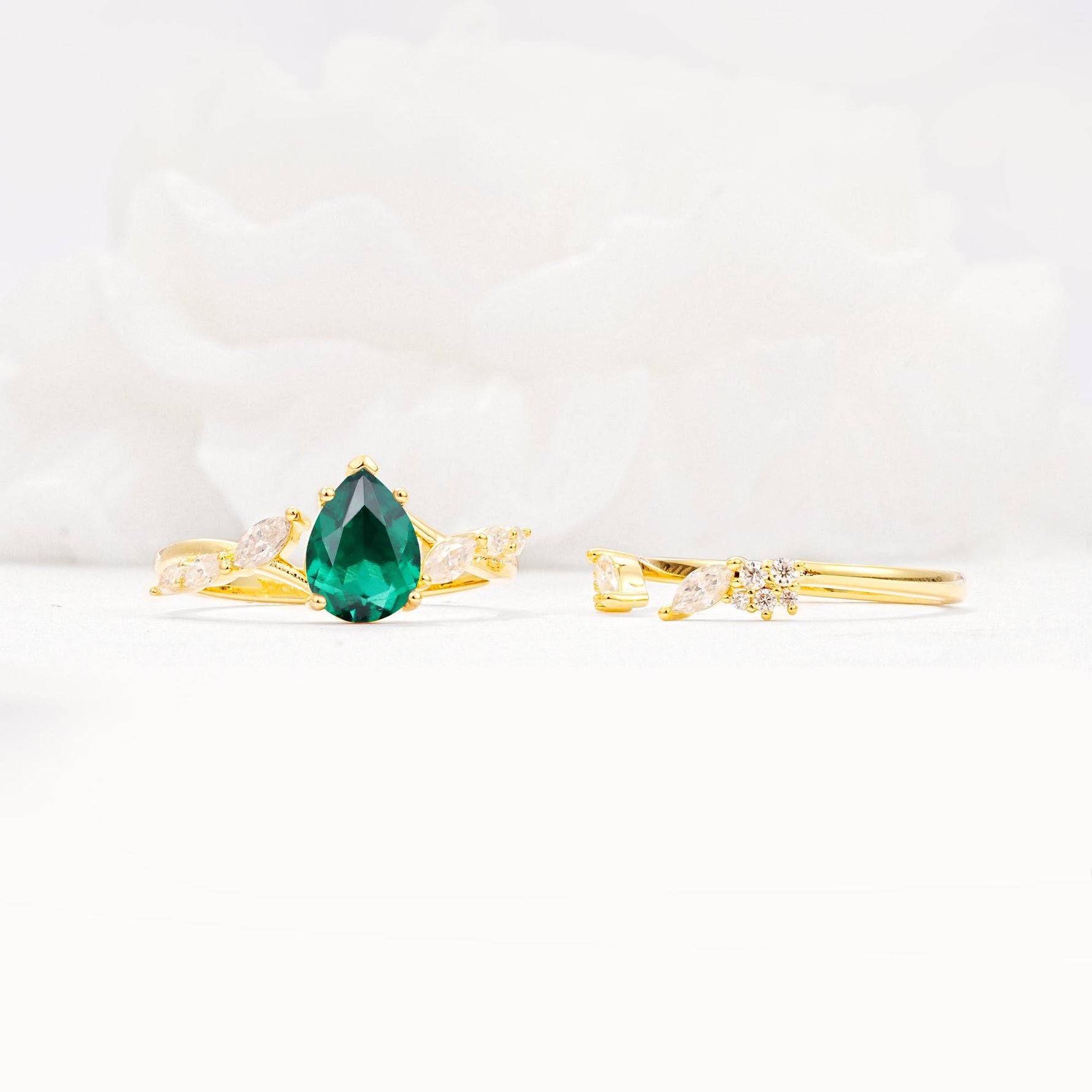 Nature-Inspired Pear Cut Emerald Engagement Ring Set with Marquise Leaf - Additional view