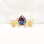 Nature-Inspired Pear Cut Alexandrite Engagement Ring Set with Marquise Leaf - Yellow-Gold