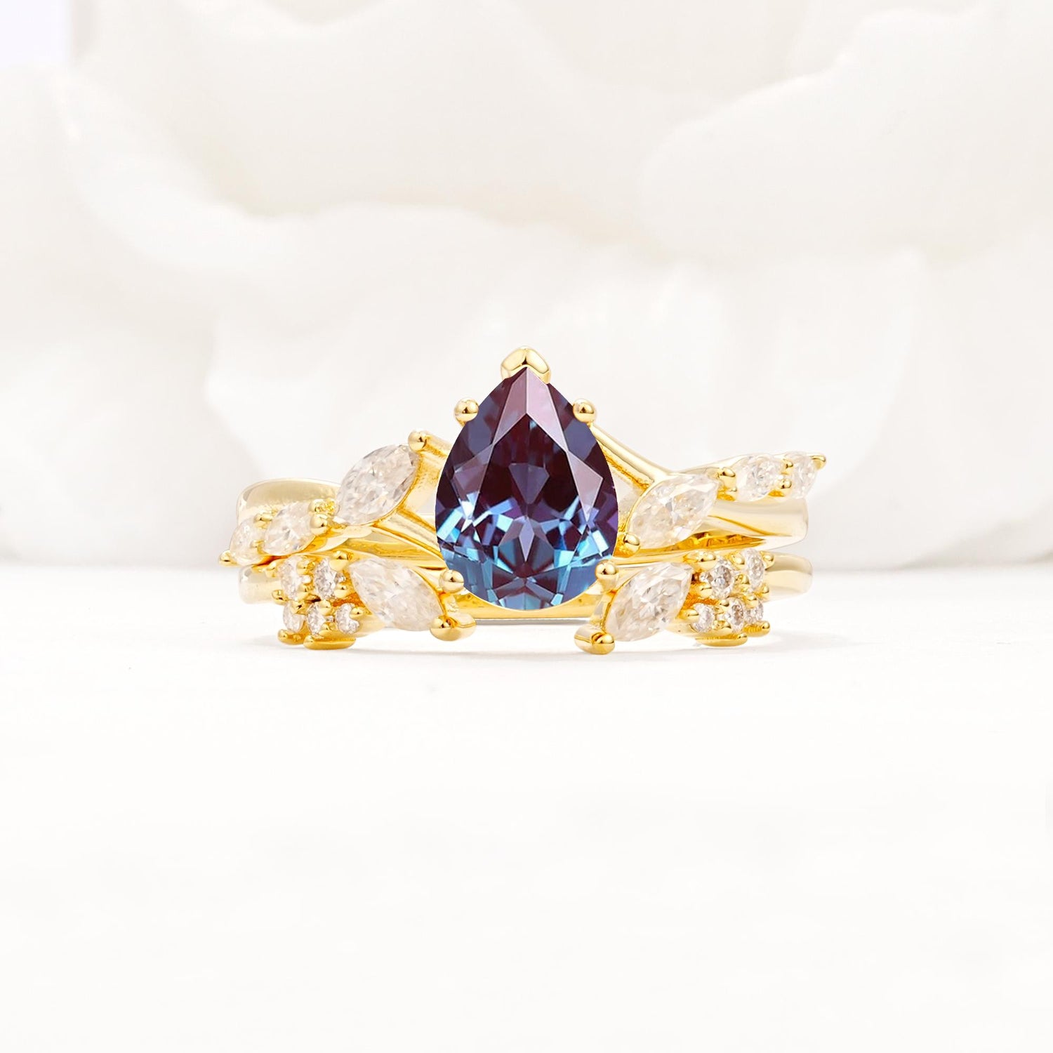 Nature-Inspired Pear Cut Alexandrite Engagement Ring Set with Marquise Leaf - Yellow-Gold