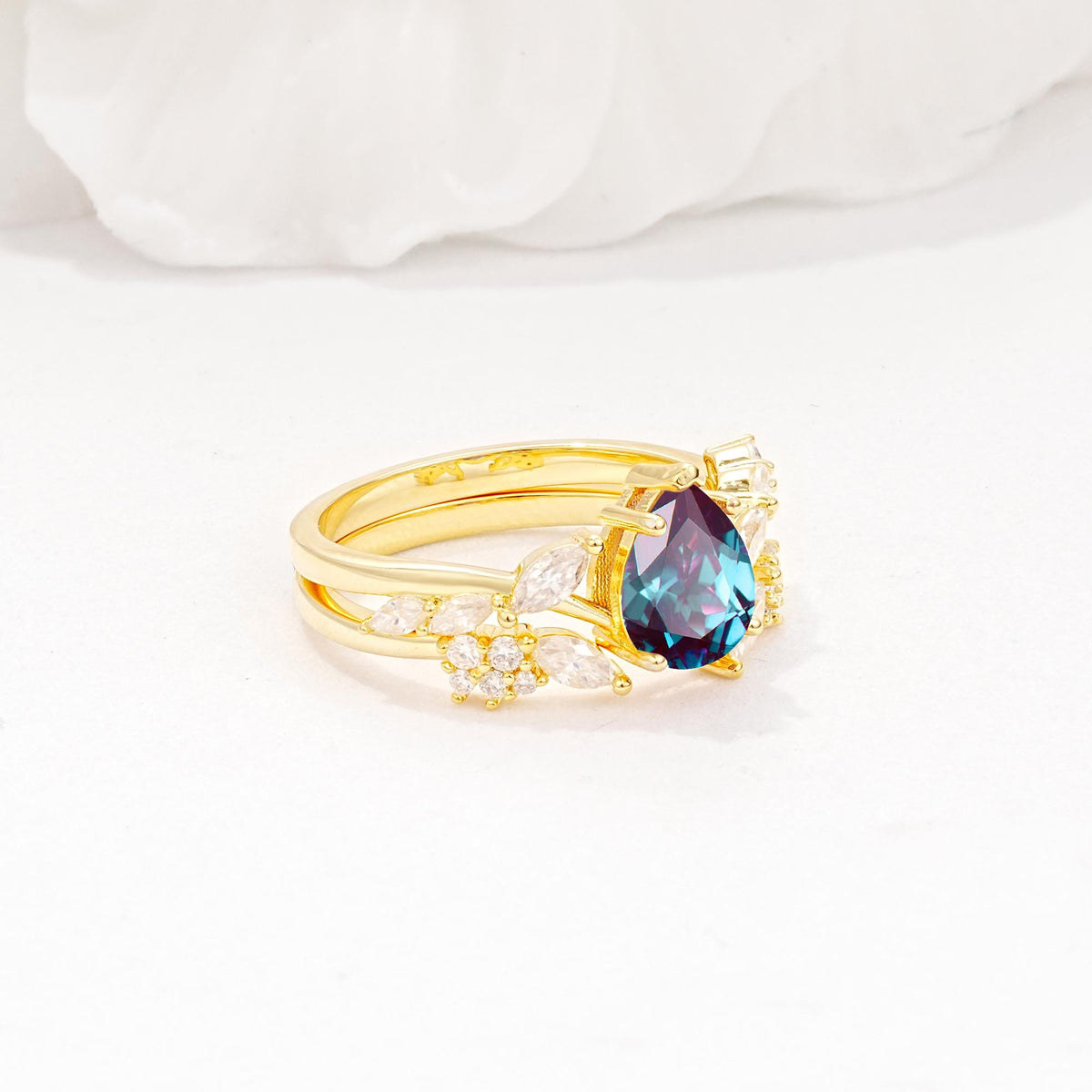 Nature-Inspired Pear Cut Alexandrite Engagement Ring Set with Marquise Leaf - Rose-Gold