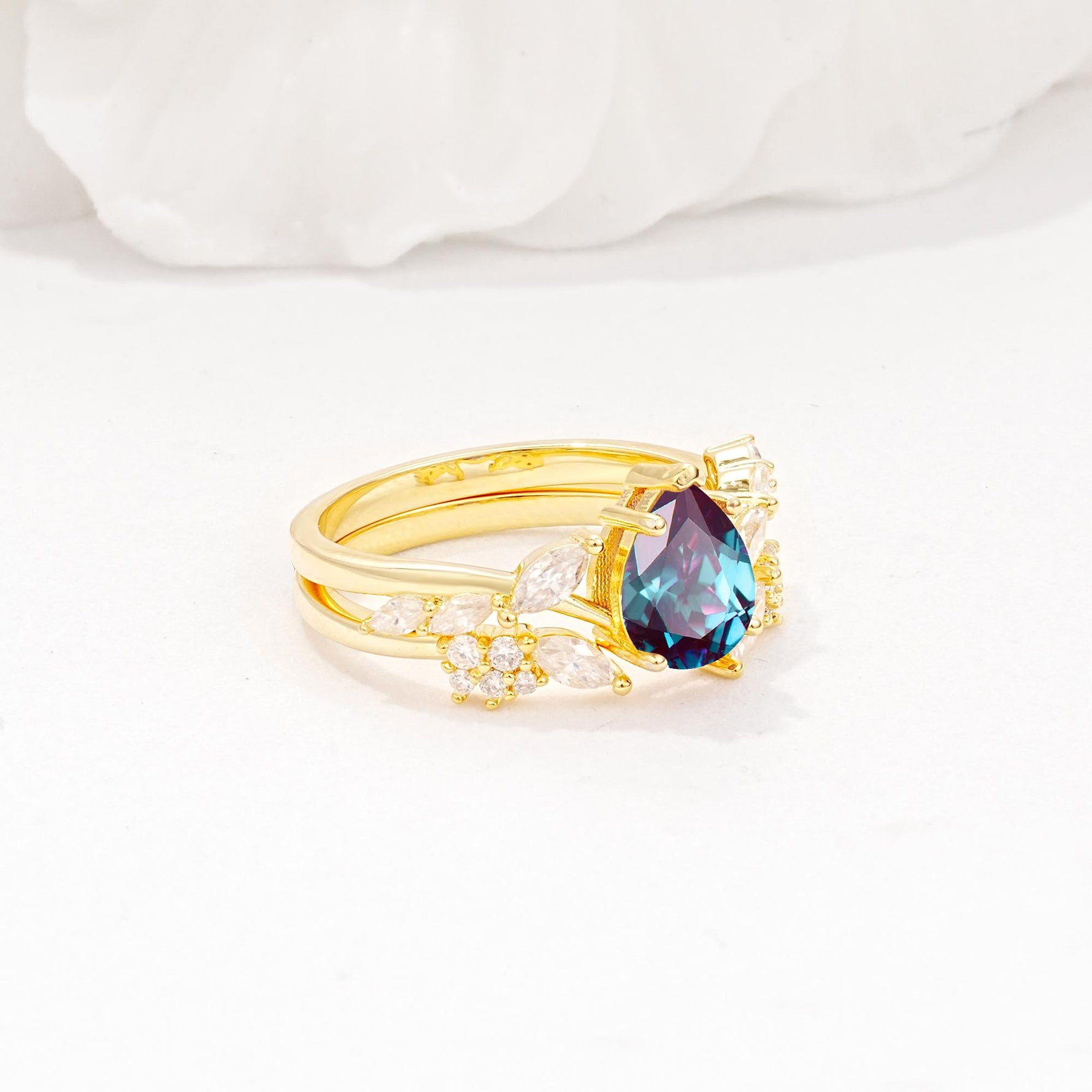 Nature-Inspired Pear Cut Alexandrite Engagement Ring Set with Marquise Leaf - Rose-Gold