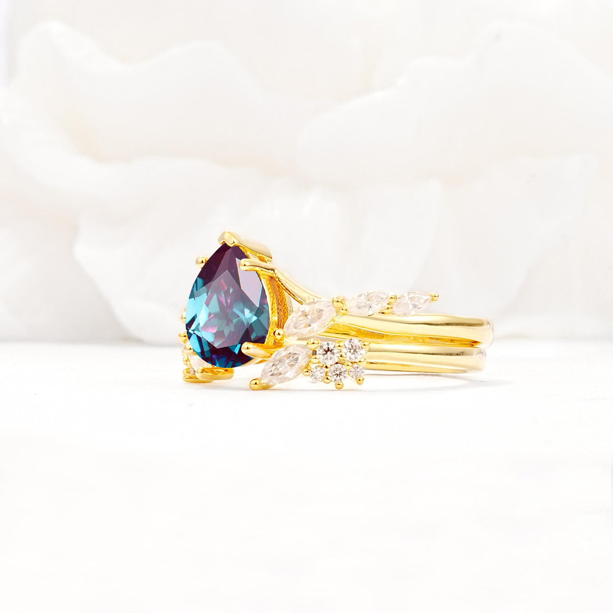 Nature-Inspired Pear Cut Alexandrite Engagement Ring Set with Marquise Leaf - White-Gold