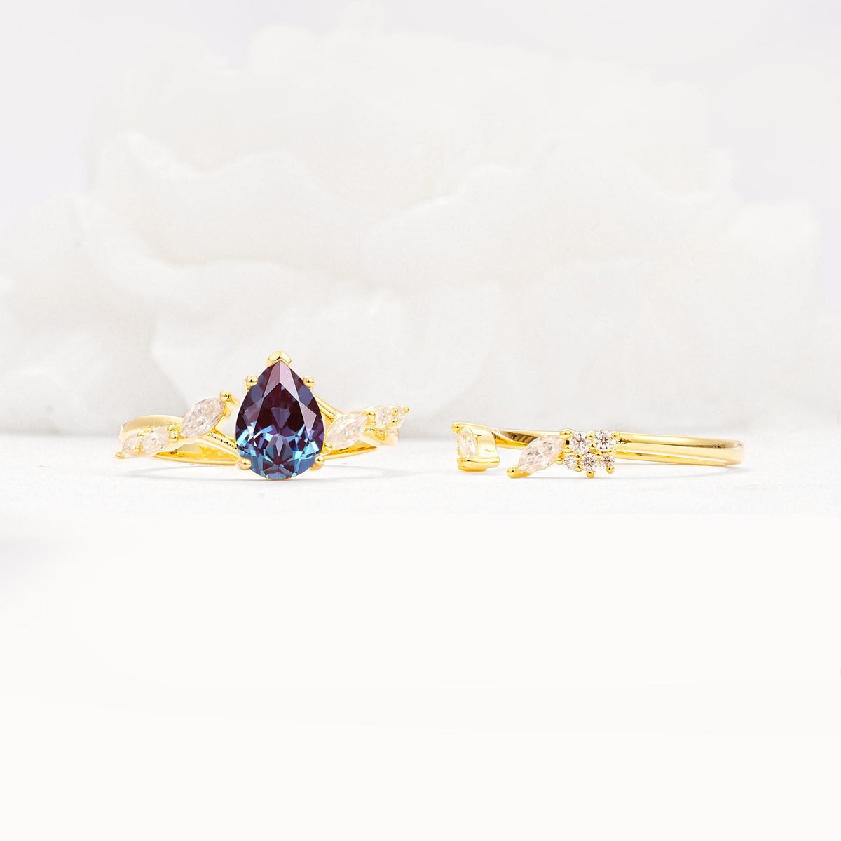 Nature-Inspired Pear Cut Alexandrite Engagement Ring Set with Marquise Leaf - Additional view